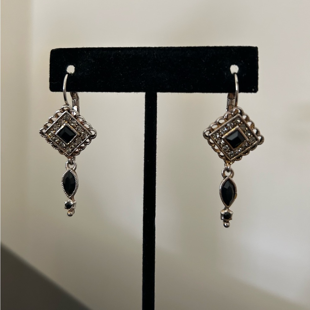 STERLING SILVER JET MARCASITE SQUARE DROP EARRINGS